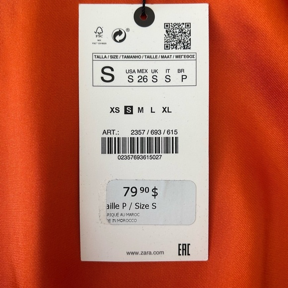 Zara Women's Orange Puff Sleeve Blouse Diamanté Button Satin Top Size Small NWT - Picture 14 of 16